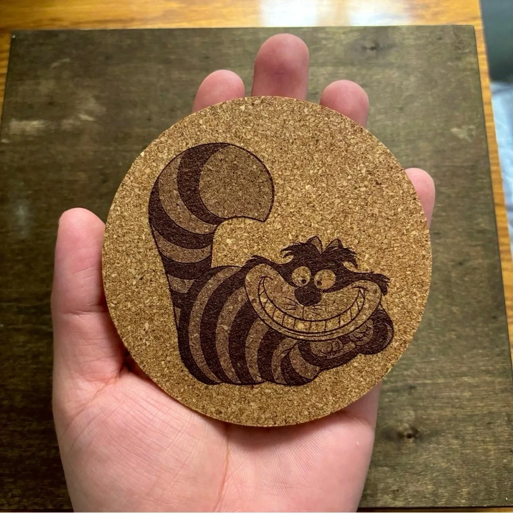 Alice In Wonderland Cheshire Cat Laser Engraved Cork Coasters Bundle of 2